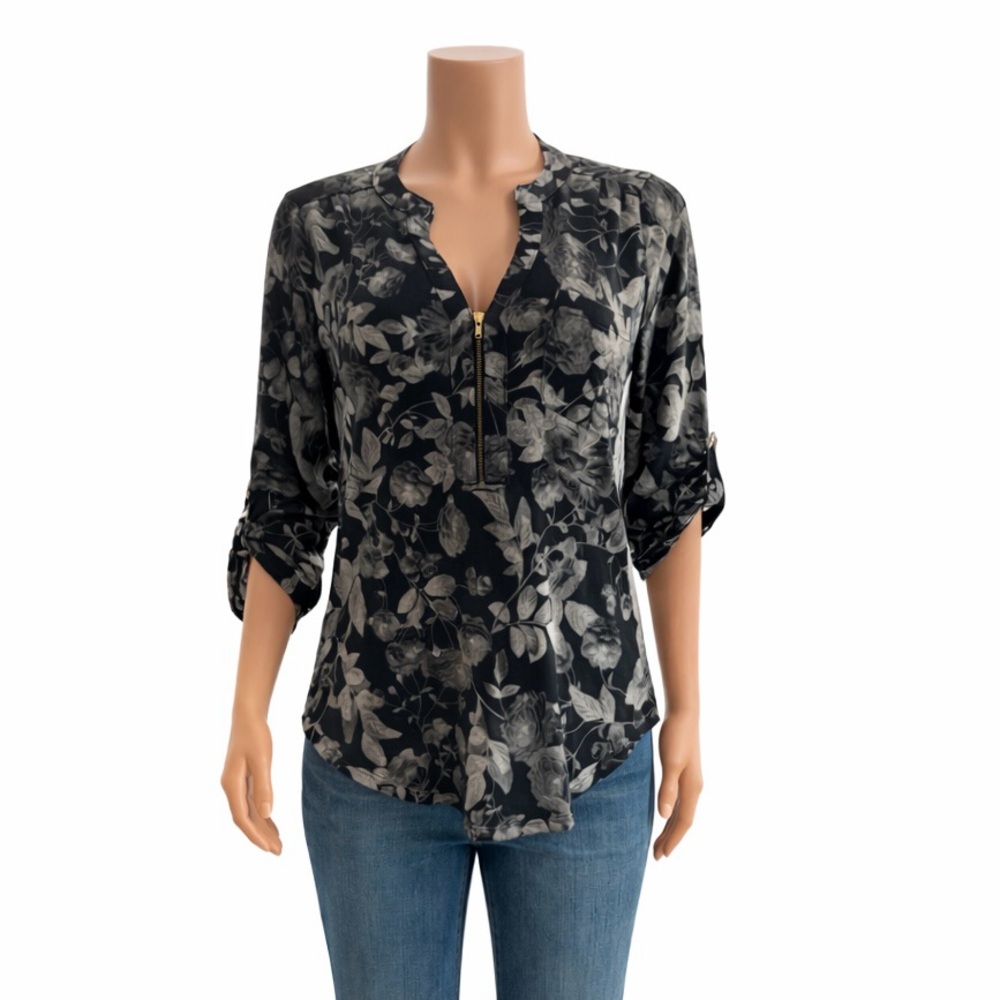 Blue Mood Black Gray Floral Zip V-Neck Blouse Roll Tab Sleeves Size Small - Picture 3 of 12